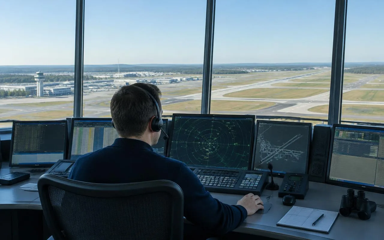 Headset-wearing controller at radar consoles overlooking airport runways