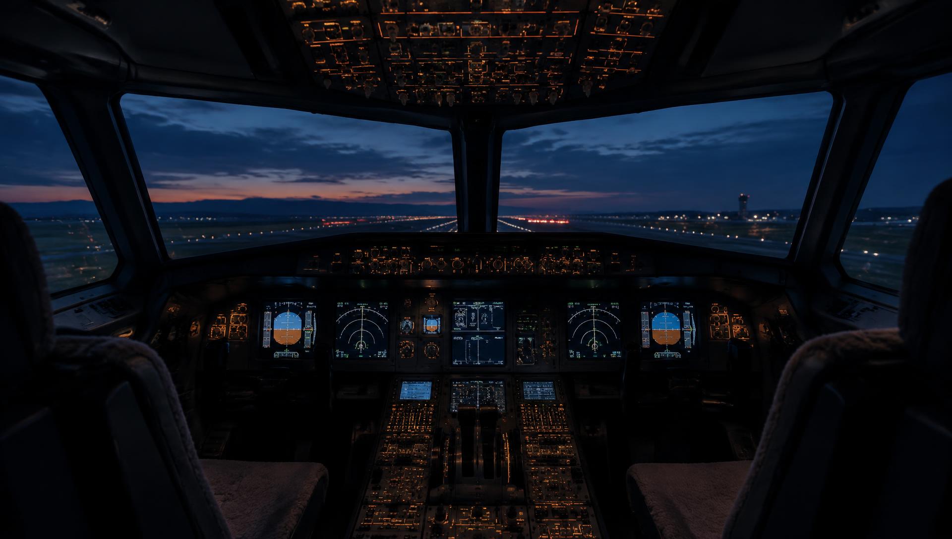 Cockpit instruments and windscreen overlooking the horizon at dusk