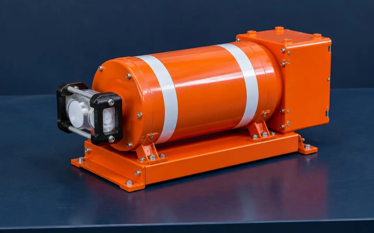 Intact orange cockpit voice recorder on a workbench