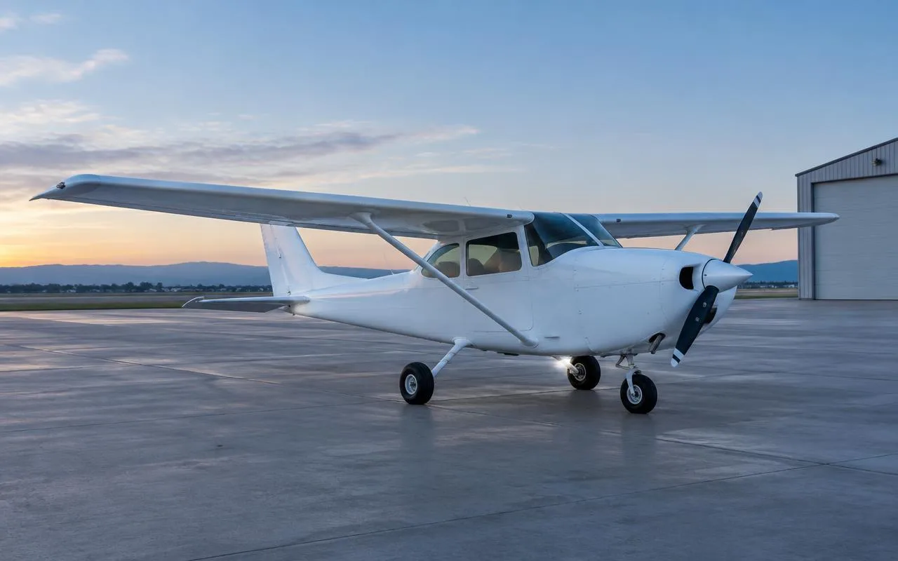 Unbranded single-engine training aircraft on an apron at dawn